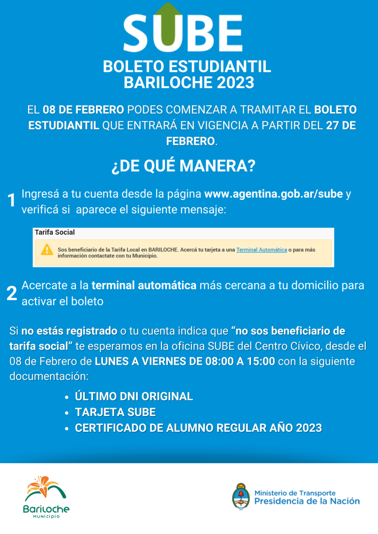 Información sobre el Boleto Estudiantil 2023 en Bariloche